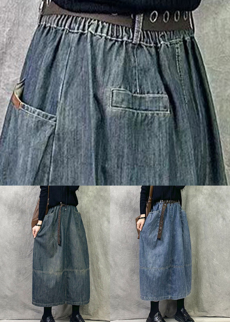 Blue Elastic Waist Patchwork Denim a Line Skirts Pockets