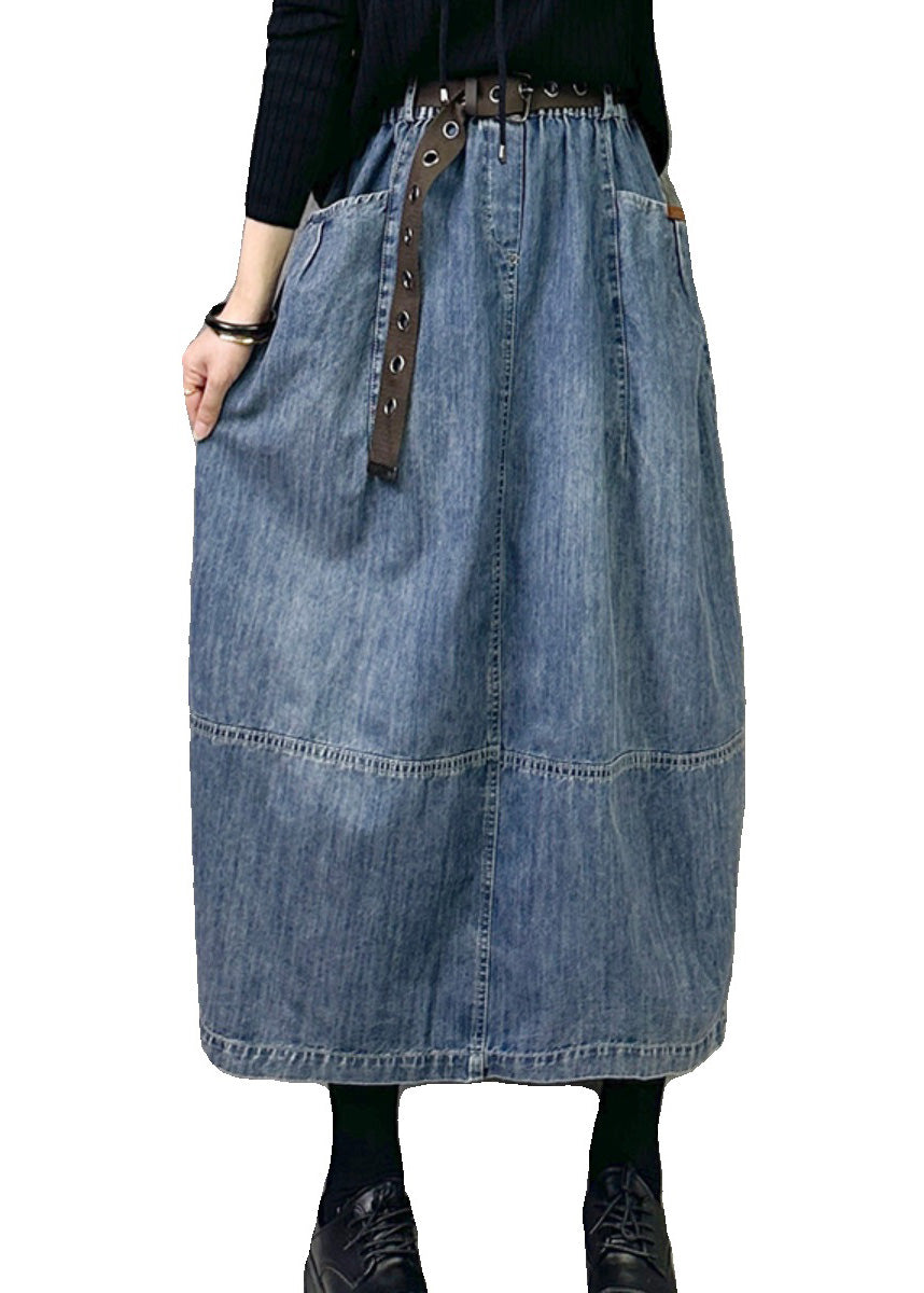 Blue Elastic Waist Patchwork Denim a Line Skirts Pockets
