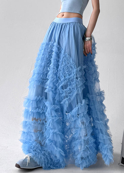 Blue Elastic Waist Tulle Summer Exra Large Hem Skirt Ruffled