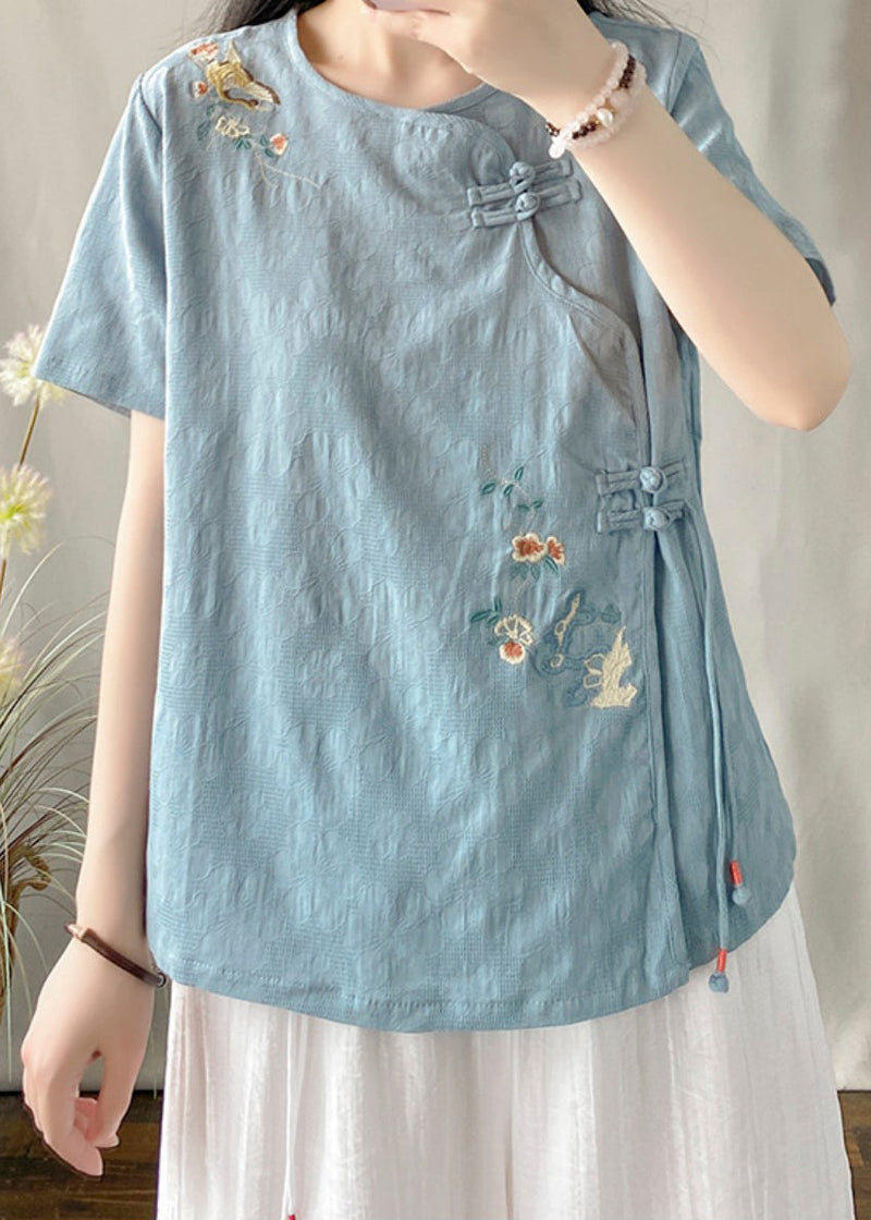 Blue Embroideried Button Patchwork Linen Top O-neck Short Sleeve