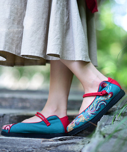 Blue Embroideried Flat Feet Shoes Cotton Fabric Buckle Strap Flat Shoes for