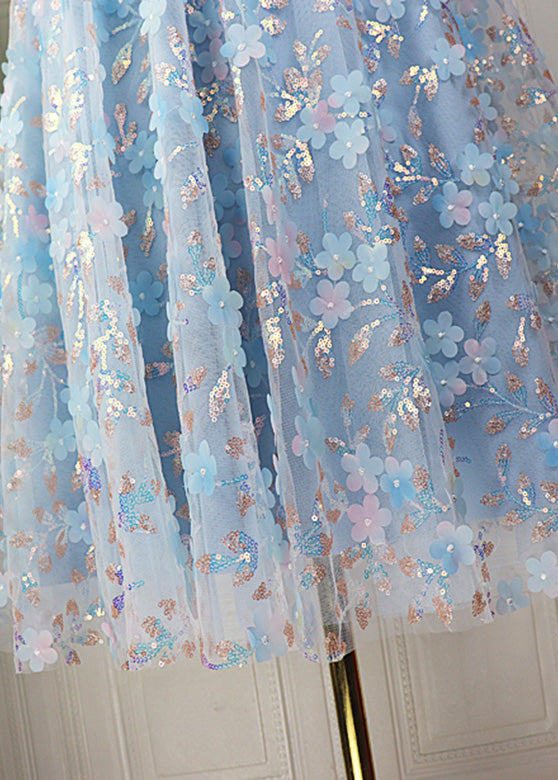 Blue Embroideried Elastic Waist Tulle Maxi Skirt Spring
