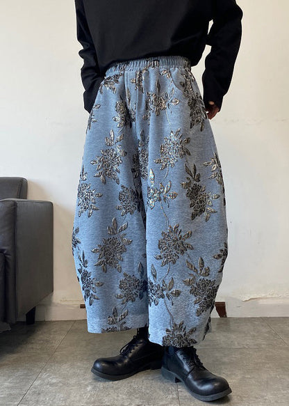 Blue Embroideried Wide Leg Pants Elastic Waist Spring