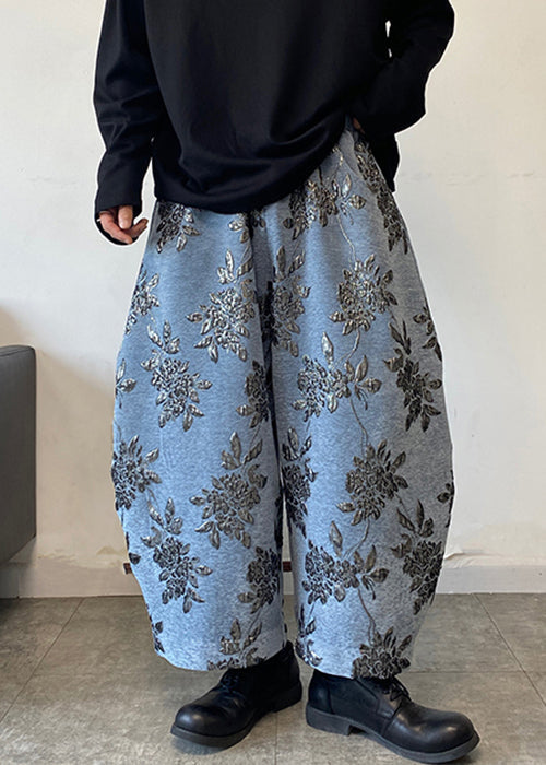 Blue Embroideried Wide Leg Pants Elastic Waist Spring