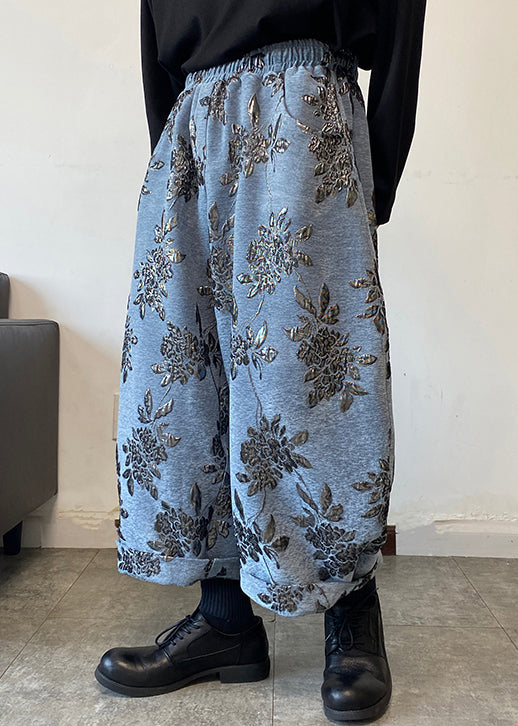 Blue Embroideried Wide Leg Pants Elastic Waist Spring
