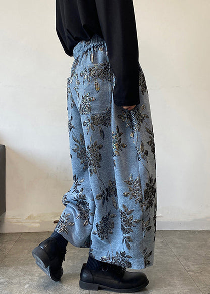 Blue Embroideried Wide Leg Pants Elastic Waist Spring