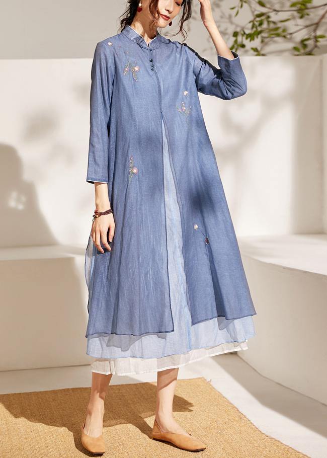 Blue Print Patchwork Button Summer Blended Holiday Dress