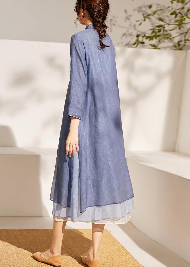 Blue Print Patchwork Button Summer Blended Holiday Dress