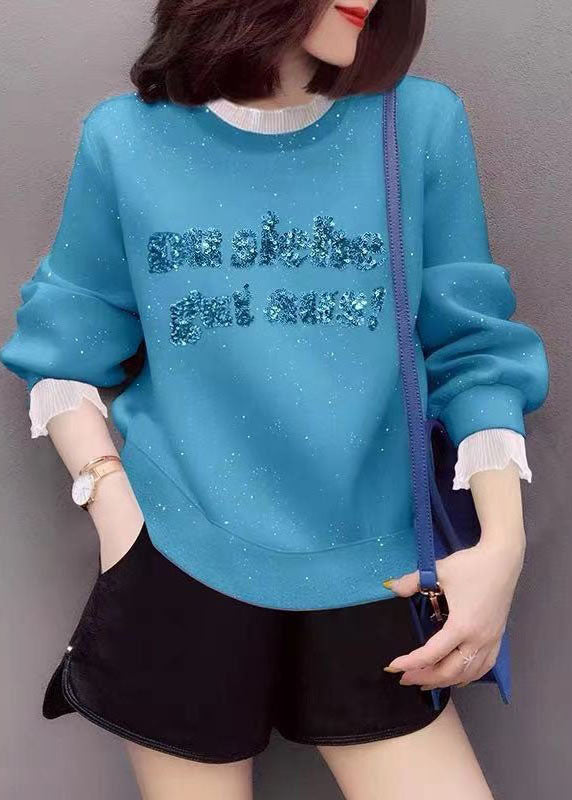 Blue Embroideried Patchwork Ruffled Fall Sweatshirt Street Wear