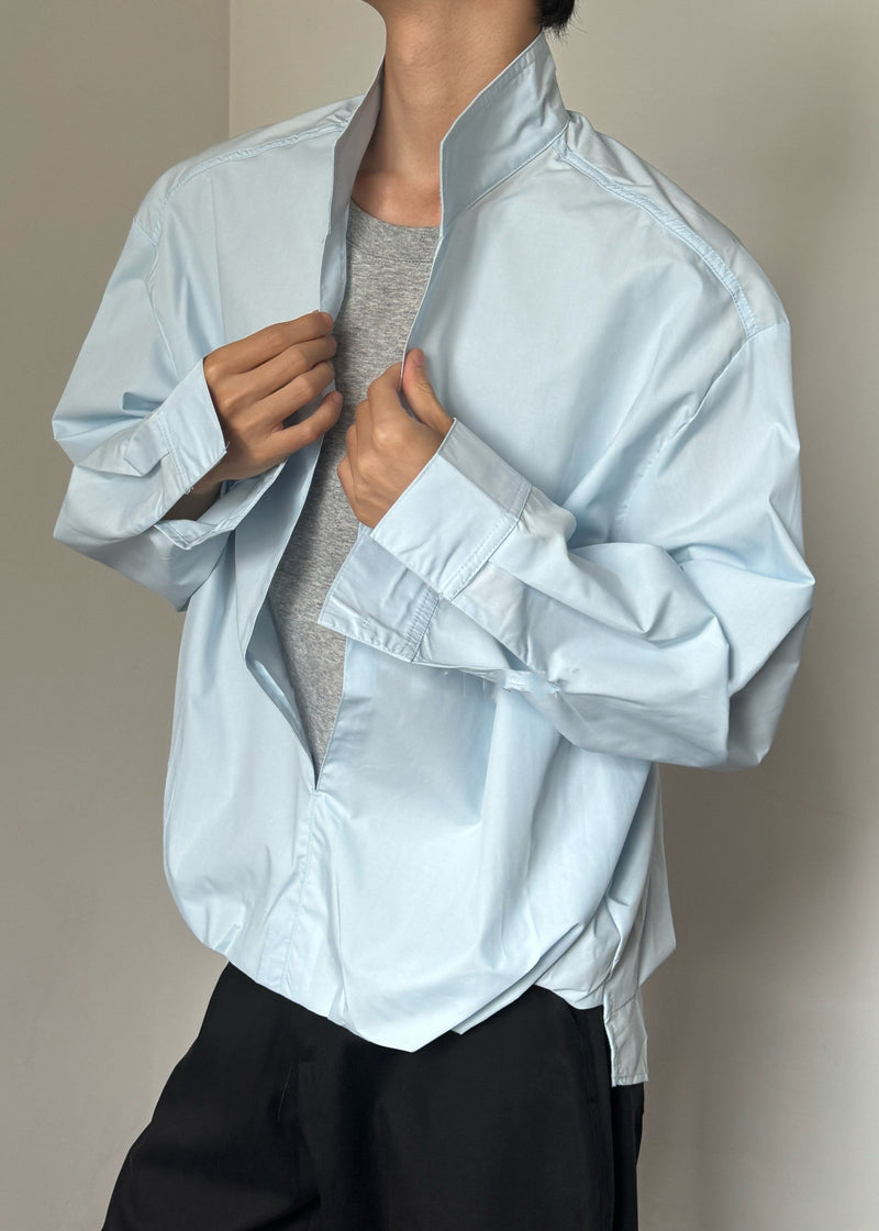 Blue False Two Pieces Cotton Fall Shirts Stand Collar