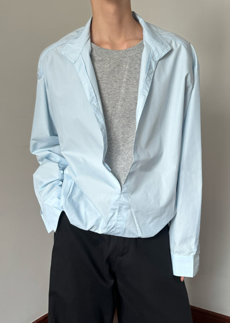 Blue False Two Pieces Cotton Fall Shirts Stand Collar