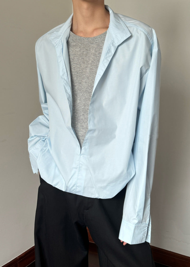 Blue False Two Pieces Cotton Fall Shirts Stand Collar