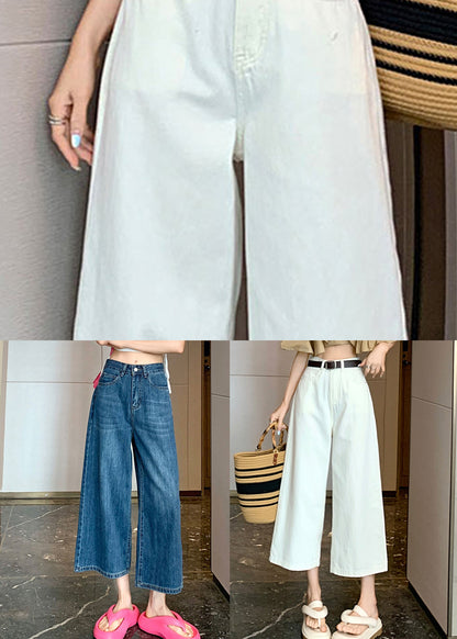 Blue Pockets Denim Wide Leg Crop Pants Thin Summer