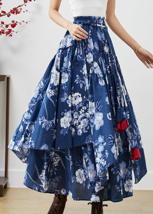 Blue Cotton Skirts Asymmetrical Exra Large Hem Fall