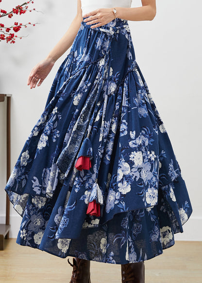 Blue Cotton Skirts Asymmetrical Exra Large Hem Fall