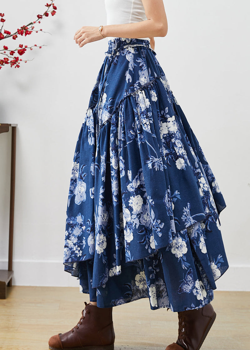 Blue Cotton Skirts Asymmetrical Exra Large Hem Fall