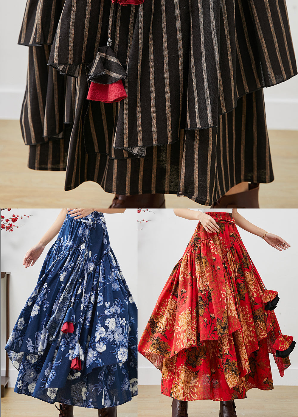 Blue Cotton Skirts Asymmetrical Exra Large Hem Fall