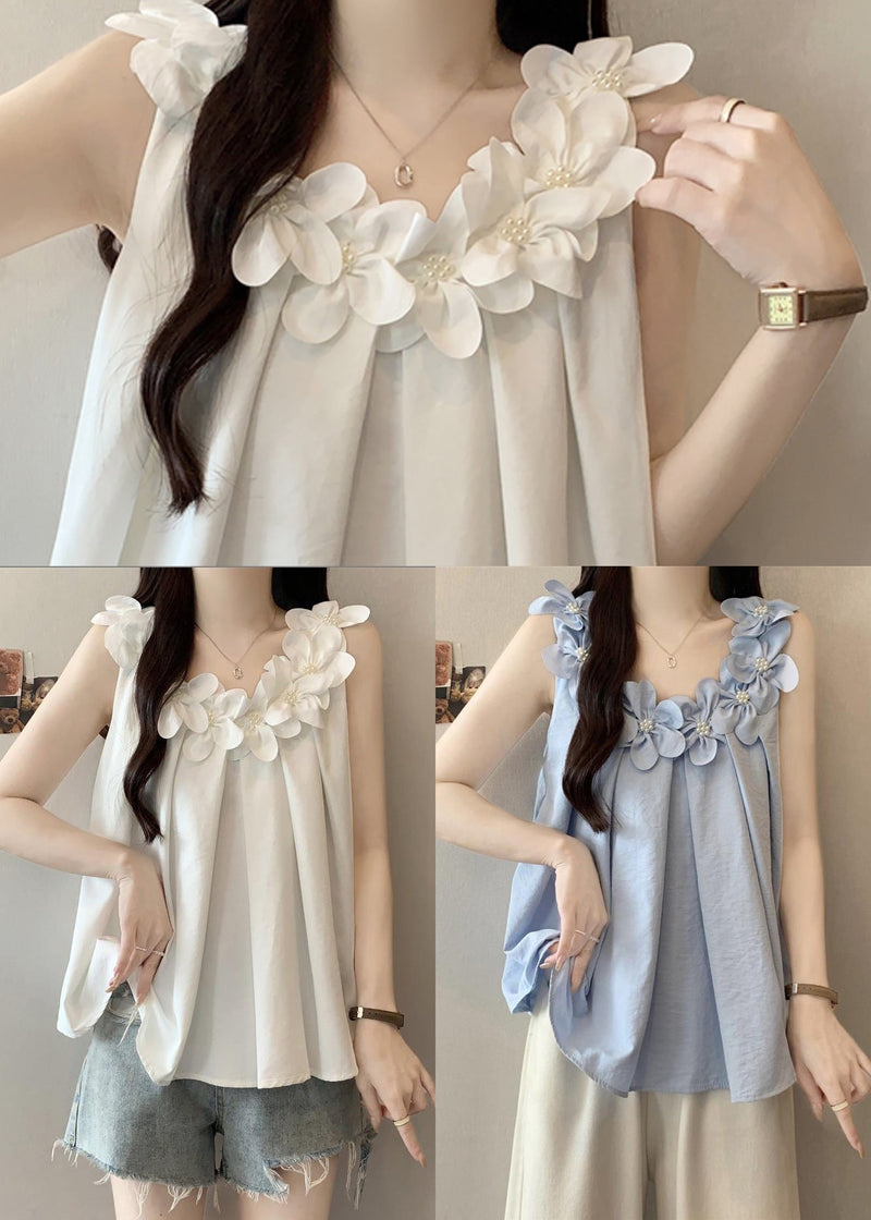 Blue Decorated Cotton Tanks Oversized Sleeveless
