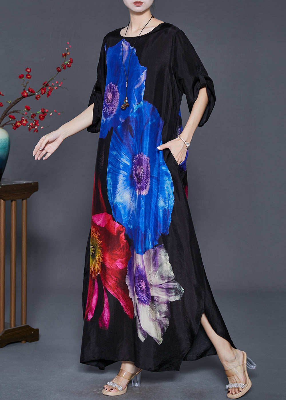 Blue Silk Holiday Dress Oversized Spring