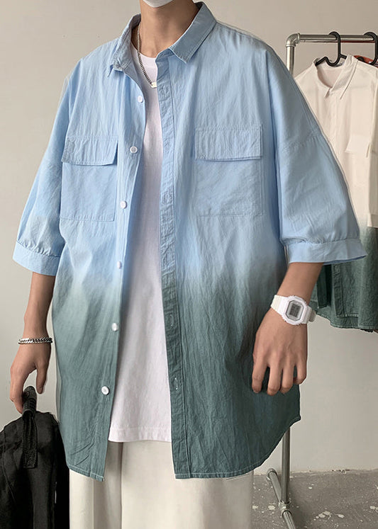 Blue Gradient Color Button Cotton Shirts Peter Pan Collar Summer