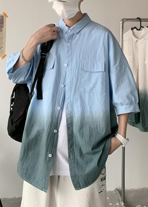 Blue Gradient Color Button Cotton Shirts Peter Pan Collar Summer