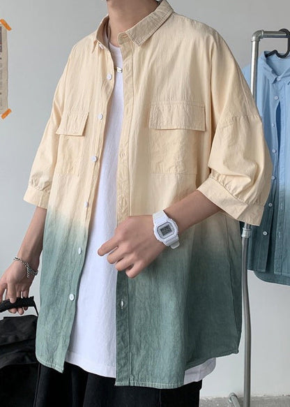 Blue Gradient Color Button Cotton Shirts Peter Pan Collar Summer
