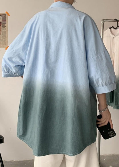 Blue Gradient Color Button Cotton Shirts Peter Pan Collar Summer