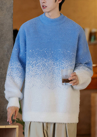Blue Gradient Color Thick Knit Winter Sweater O Neck