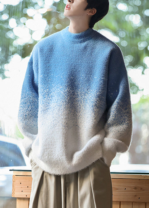 Blue Gradient Color Thick Knit Winter Sweater O Neck