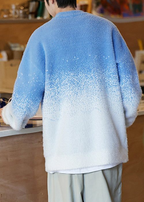 Blue Gradient Color Thick Knit Winter Sweater O Neck