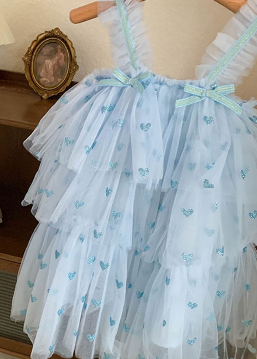 Blue Heart Patchwork Tulle Baby Dresses Bow Wrinkled Sleeveless