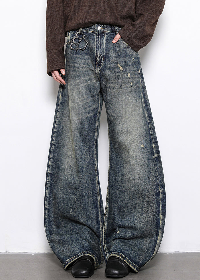 Blue Hole Pockets Denim Wide Leg Pants High Waist