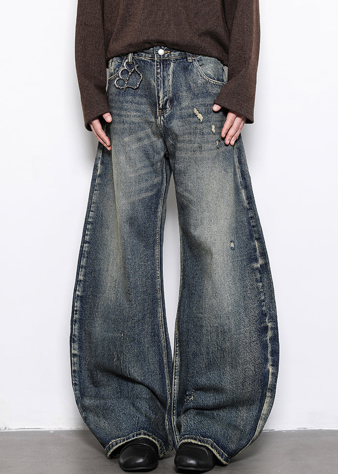 Blue Hole Pockets Denim Wide Leg Pants High Waist