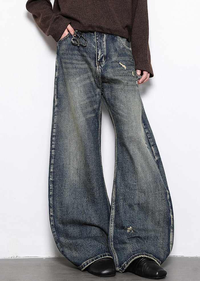 Blue Hole Pockets Denim Wide Leg Pants High Waist