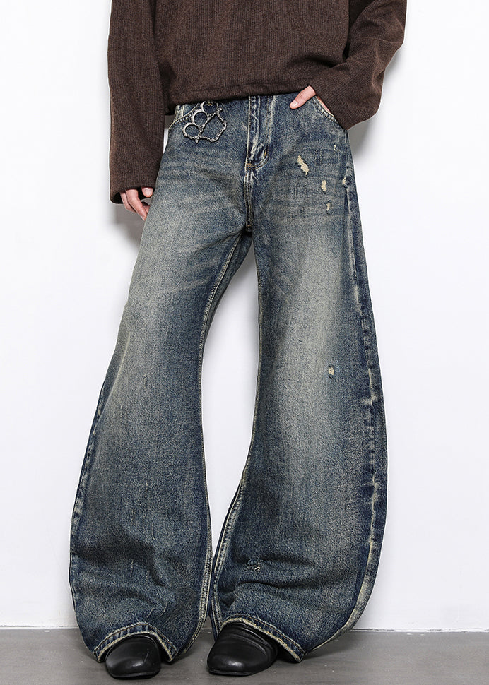 Blue Hole Pockets Denim Wide Leg Pants High Waist