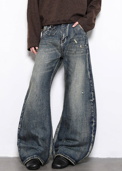 Blue Hole Pockets Denim Wide Leg Pants High Waist