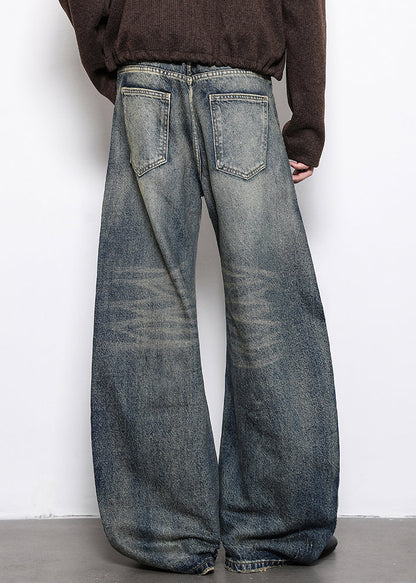 Blue Hole Pockets Denim Wide Leg Pants High Waist