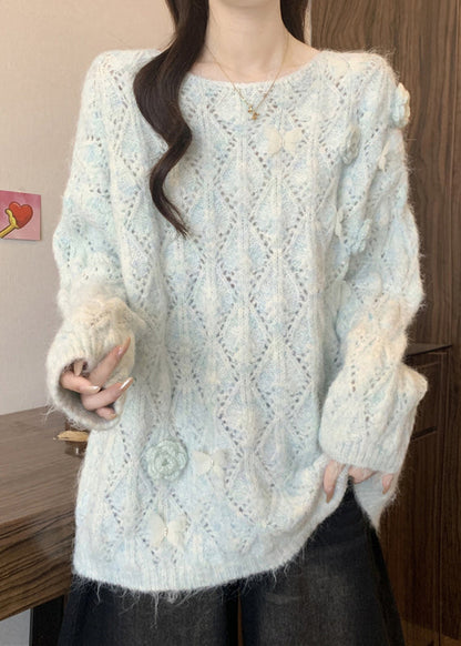 Blue Hollow Out Knit Knit Shirts O Neck Long Sleeve