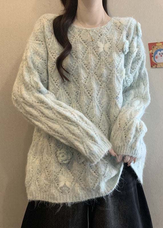 Blue Hollow Out Knit Knit Shirts O Neck Long Sleeve