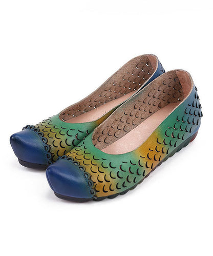 Blue Hollow Out Wedge Cowhide Leather Splicing Sandals