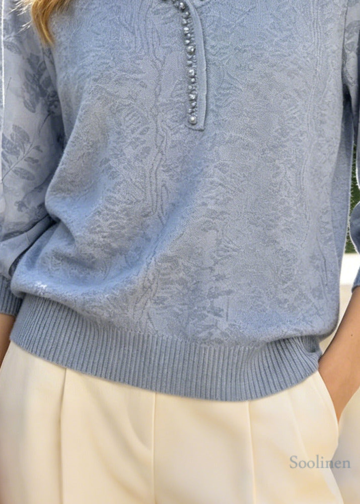 Blue Jacquard Cotton Blouses Handmade Pearl Summer