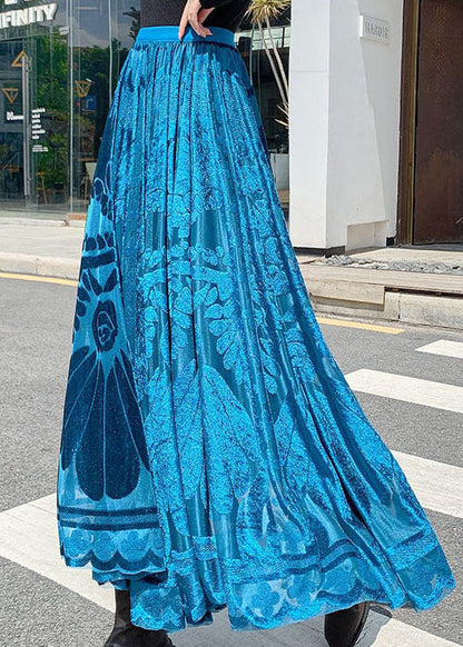Blue Jacquard Velour Pleated Skirt Winter