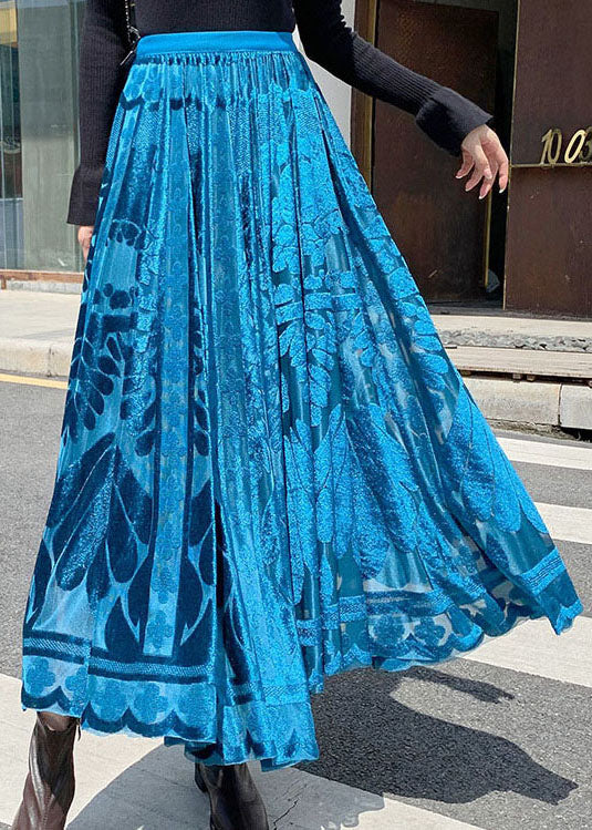 Blue Jacquard Velour Pleated Skirt Winter