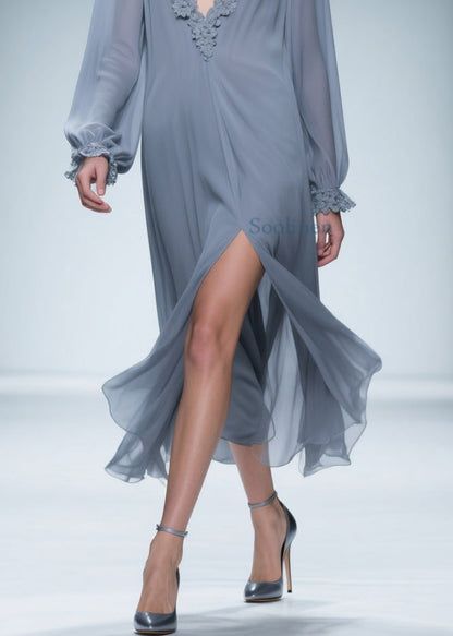 Blue Lace Side Open Chiffon Dress V Neck Butterfly Sleeve