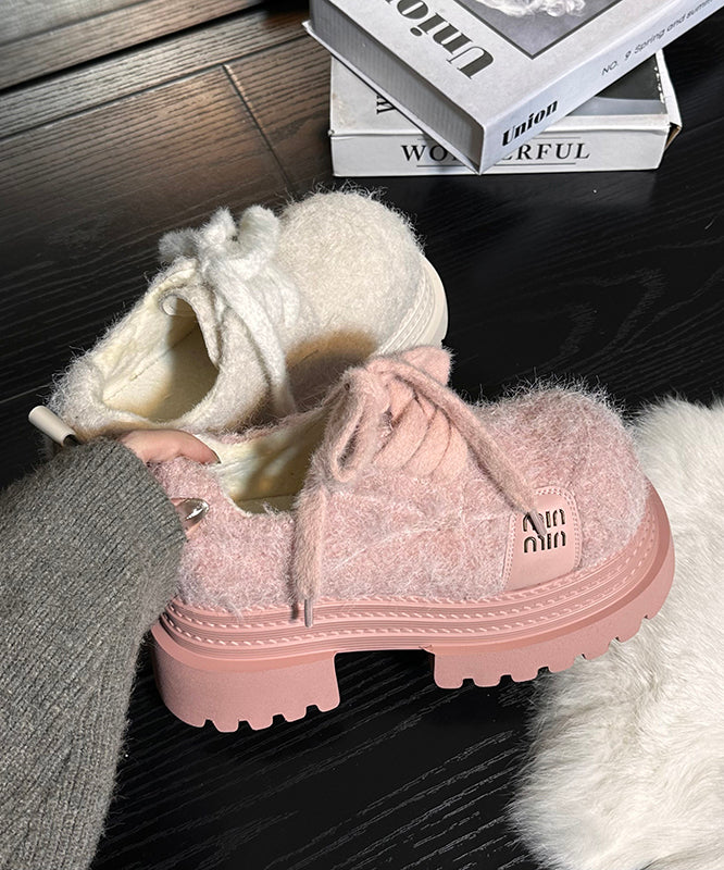 Blue Lace Up Chunky Sheepskin Splicing Loafers