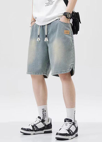 Blue Lace Up Elastic Waist Denim Shorts Pockets Summer