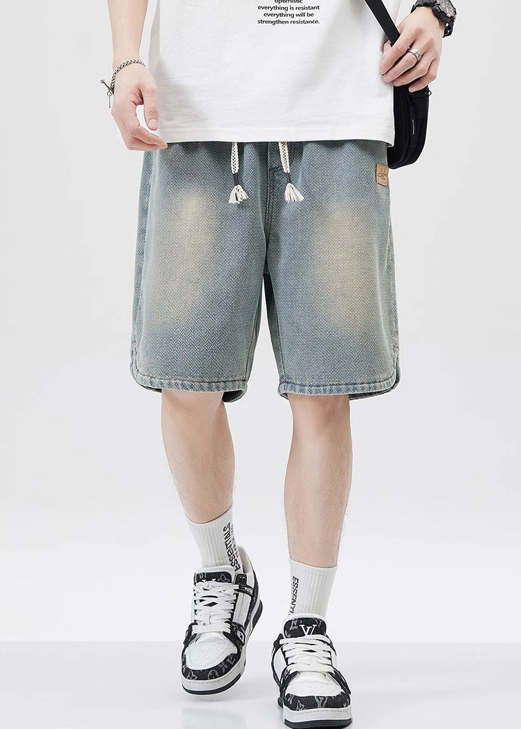 Blue Lace Up Elastic Waist Denim Shorts Pockets Summer
