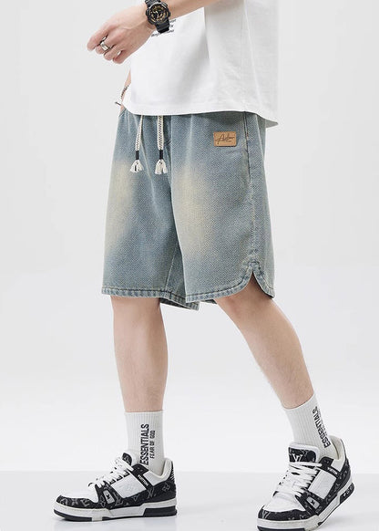 Blue Lace Up Elastic Waist Denim Shorts Pockets Summer