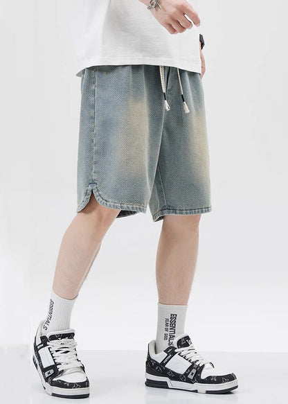 Blue Lace Up Elastic Waist Denim Shorts Pockets Summer