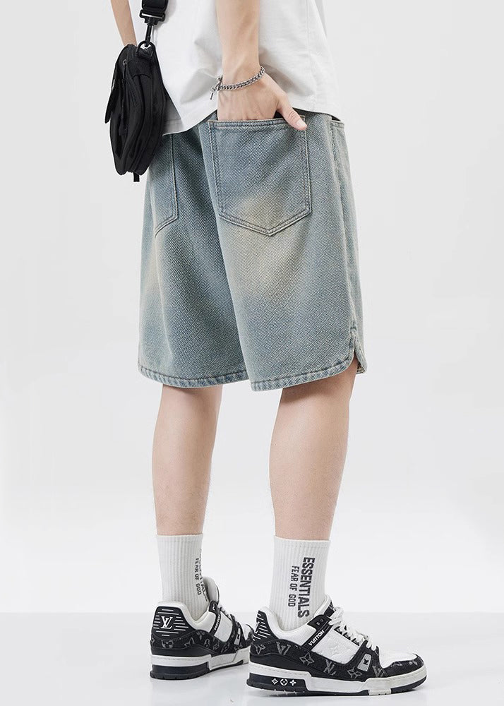 Blue Lace Up Elastic Waist Denim Shorts Pockets Summer